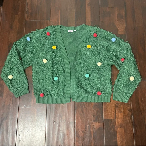 Mighty Fine Christmas Tree Cardigan Sweater Women's 1X Green W/ Color Pom Poms - Picture 1 of 7